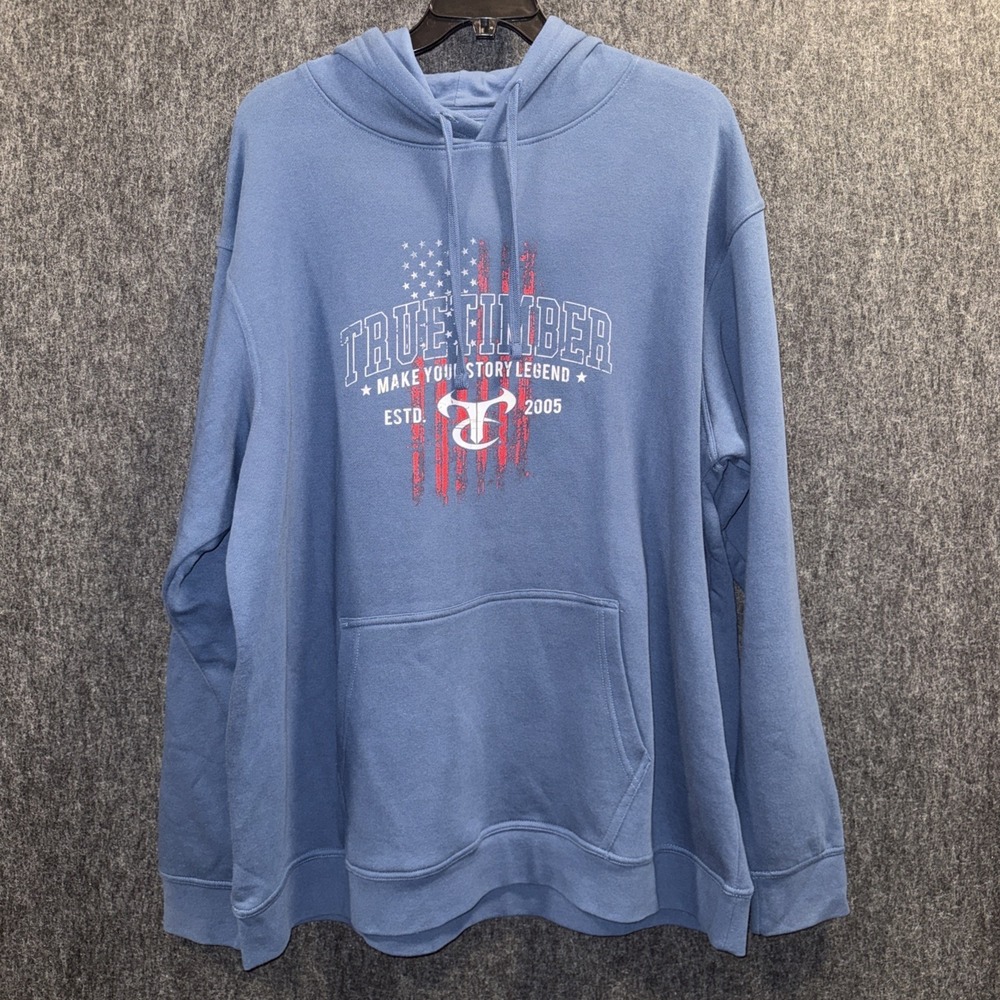 TRUETIMBER Mens Blue Hoodie Sweatshirt 2XL ESTD 2005 America Flag Print Fleece